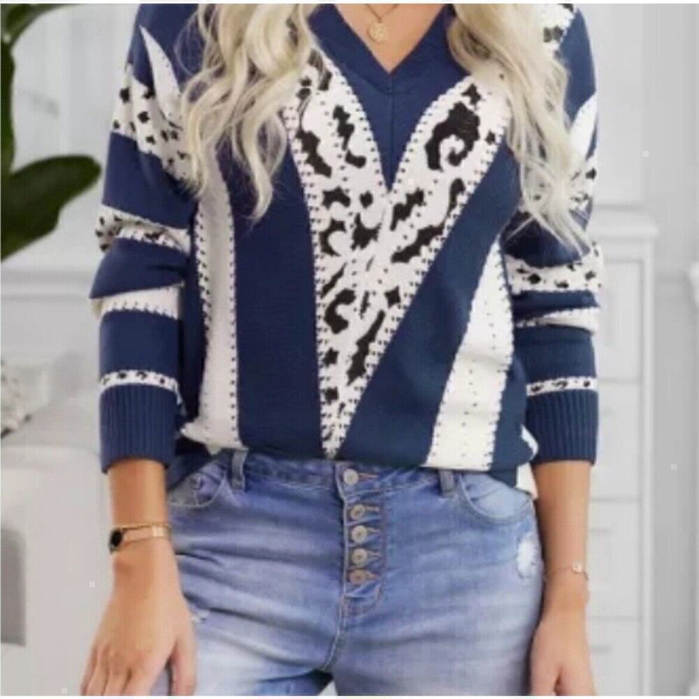 Women's Pullover Popover Chevron Sweater V Neck Leopard Print Blue Sz M - Picture 3 of 9